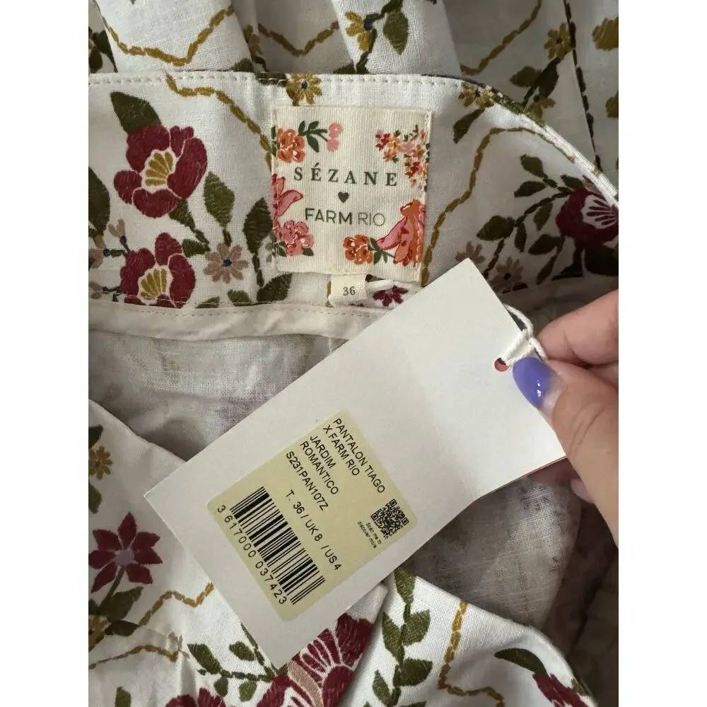 NWT Sezane x Farm Rio Tiago Crop Linen Cream Floral Pants Sz Fr 36 US 4